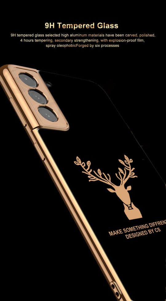 Luxury Golden Edges Deer Glass Back Case For Samsung Galaxy S21 - Premium Cases