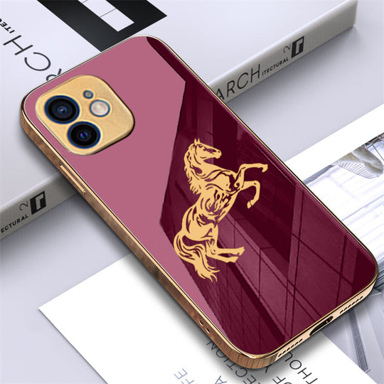 Luxury Horse Pattern Glass Back Case With Golden Edges For iPhone 11