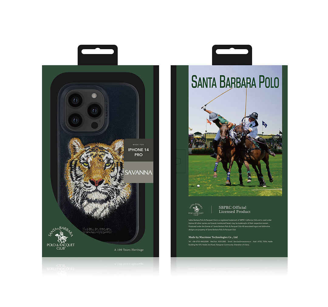 Santa Barbara Savana Series Tiger Embroidery Genuine Leather Case For iPhone 14 Plus