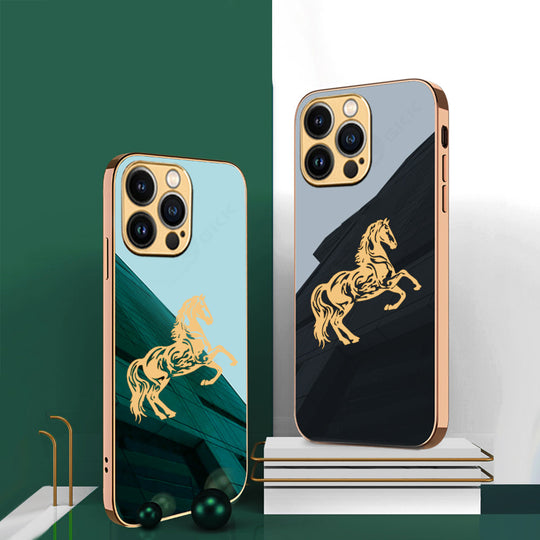 Luxury Horse Pattern Glass Back Case With Golden Edges For iPhone 13 Pro