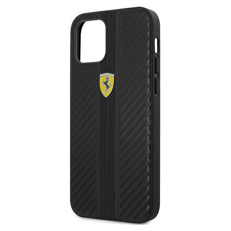 Ferrari Black Pu Leather Carbon Effect & Central Smooth Stripe Back Case with Metal Logo for iPhone 13 Pro - Premium Cases