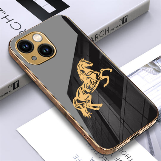 Luxury Horse Pattern Glass Back Case With Golden Edges For iPhone 13