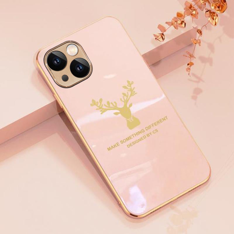 Luxurious Deer Glass Back Case With Golden Edges For iPhone 13 - planetcartonline