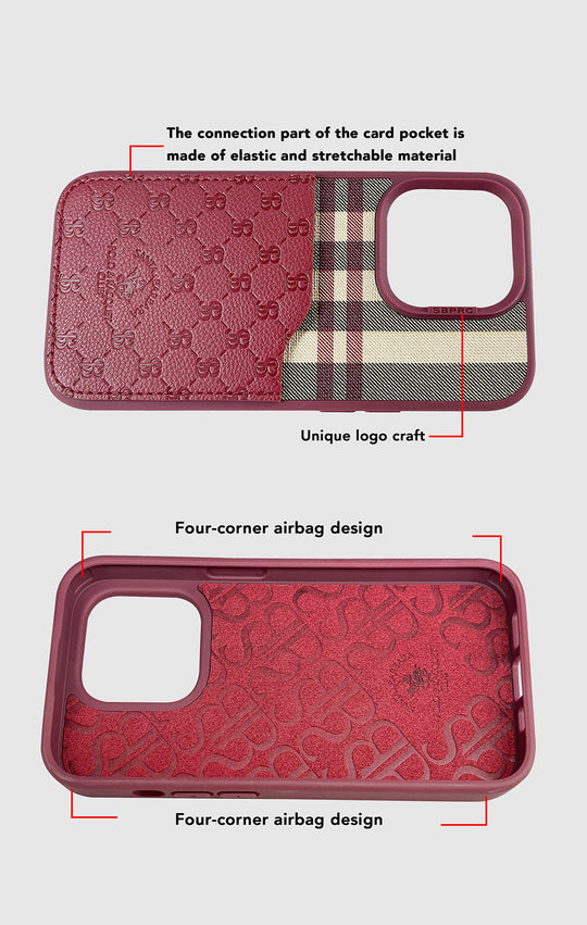 Santa Barbara Classic Plaid Series Genuine Leather Red Case For iPhone 14