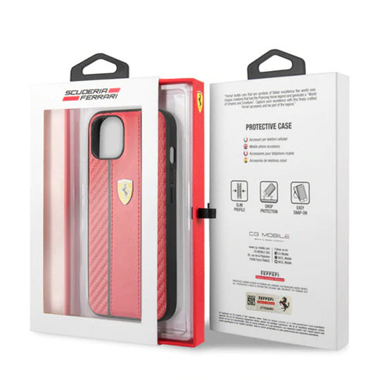 Ferrari Red Pu Leather Carbon Effect & Central Smooth Stripe Back Case with Metal Logo for iPhone 13 - Premium Cases