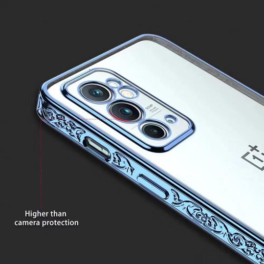 Premium Luxury 3D Flower Carved Plating Electroplated Side Frame Transparent Back Case Cover for OnePlus 9RT
