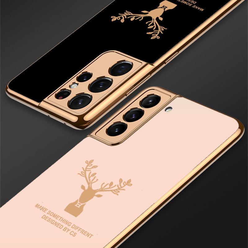 Luxury Golden Edges Deer Glass Back Case For Samsung Galaxy S21 - Premium Cases