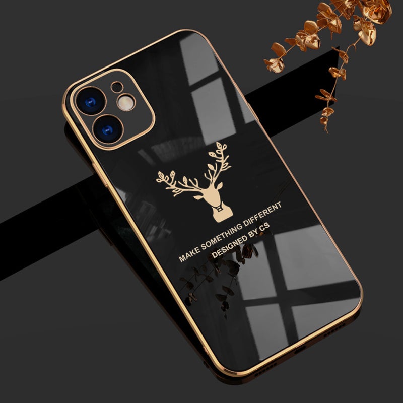 Luxurious Deer Glass Back Case With Golden Edges For iPhone 12 - planetcartonline