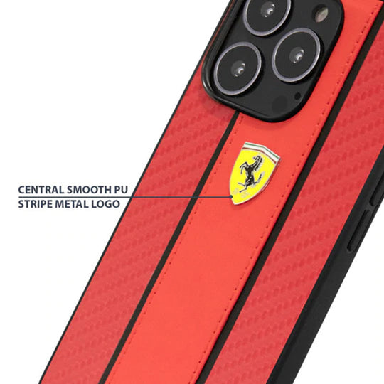 Ferrari Red Pu Leather Carbon Effect & Central Smooth Stripe Back Case with Metal Logo for iPhone 13 Pro Max - Premium Cases