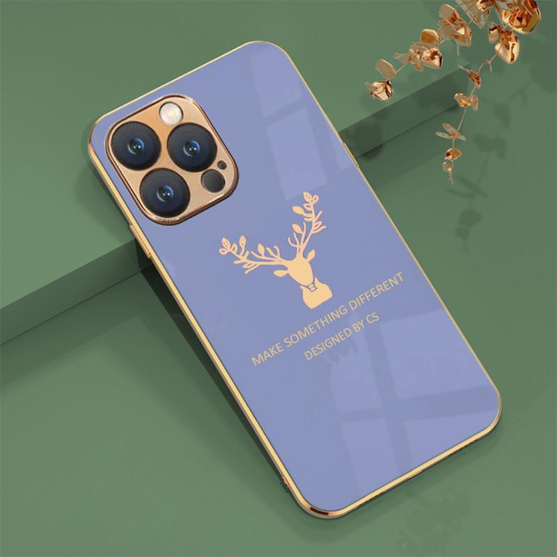 Luxurious Deer Glass Back Case With Golden Edges For iPhone 13 Pro - planetcartonline
