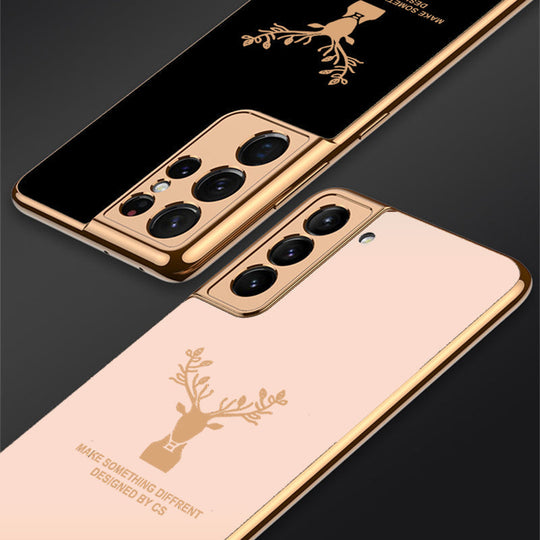 Luxury Golden Edges Deer Glass Back Case For Samsung Galaxy S21 Plus - Premium Cases