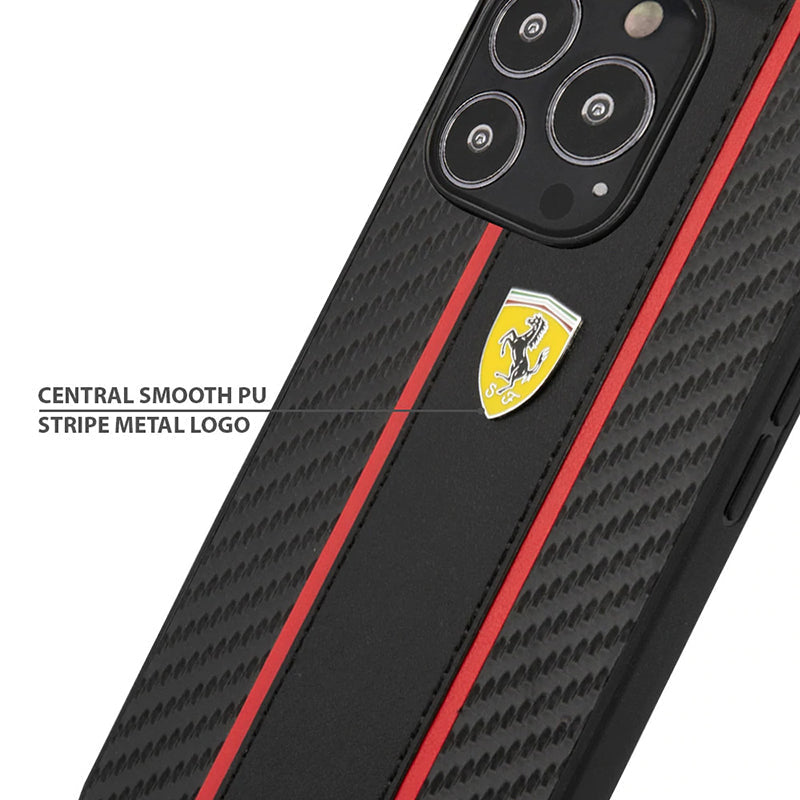 Ferrari Black Pu Leather Carbon Effect & Central Smooth Stripe Back Case with Metal Logo for iPhone 13 Pro Max - Premium Cases