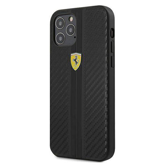 Ferrari Black Pu Leather Carbon Effect & Central Smooth Stripe Back Case with Metal Logo for iPhone 13 Pro - Premium Cases