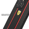 Ferrari Black Pu Leather Carbon Effect & Central Smooth Stripe Back Case with Metal Logo for iPhone 13 Pro