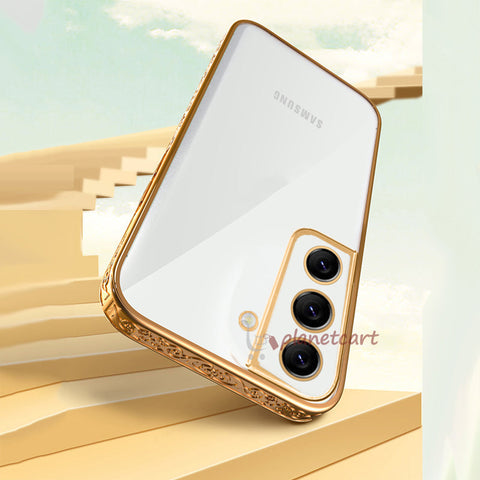 Premium Luxury 3D Flower Carved Plating Electroplated Side Frame Transparent Back Case Cover for Samsung Galaxy S22