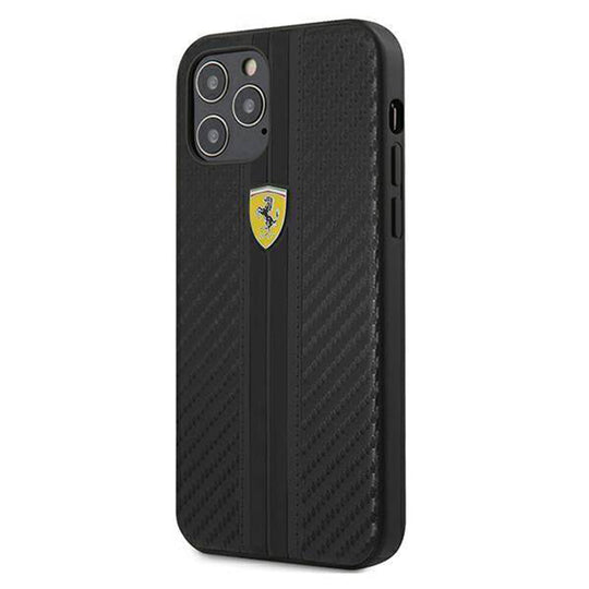 Ferrari Black Pu Leather Carbon Effect & Central Smooth Stripe Back Case with Metal Logo for iPhone 13 - Premium Cases