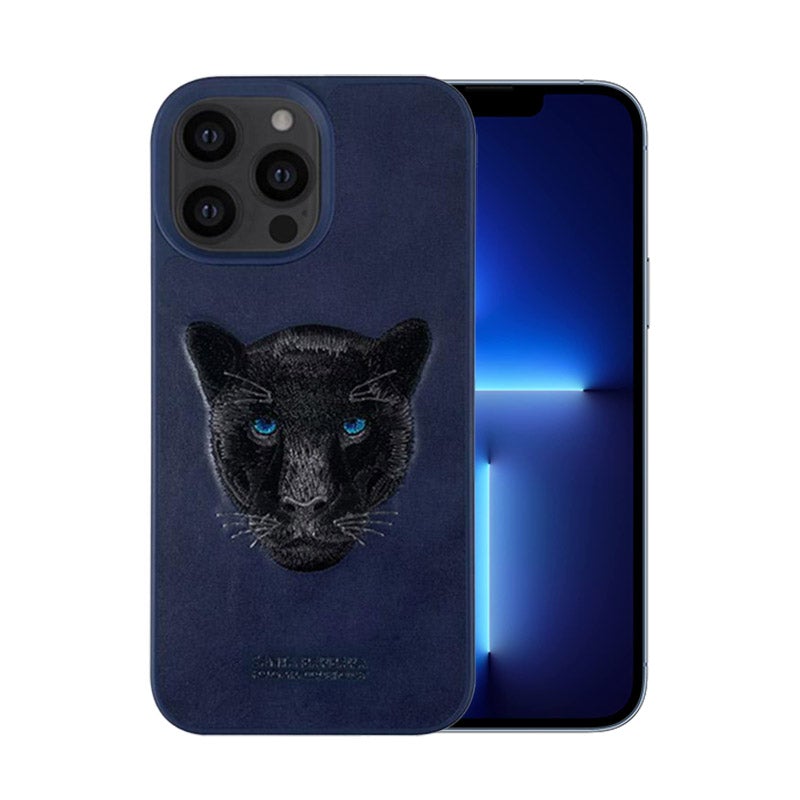 Santa Barbara Savana Series Black Panther Emboidery Genuine Leather Case For iPhone 13 Pro - planetcartonline