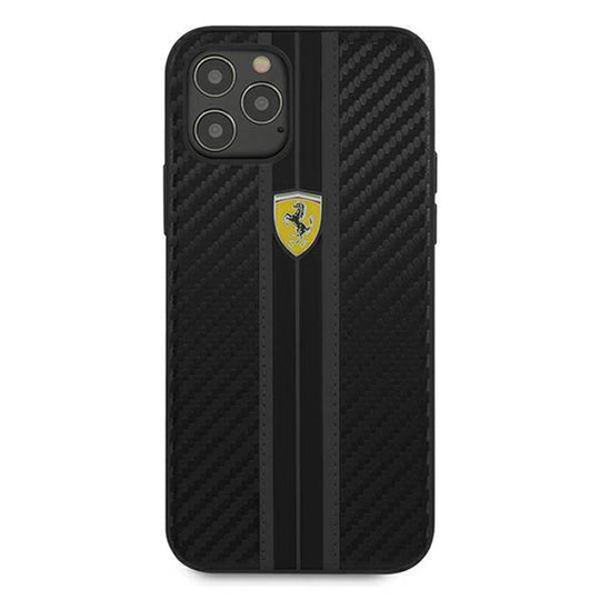 Ferrari Black Pu Leather Carbon Effect & Central Smooth Stripe Back Case with Metal Logo for iPhone 13 Pro - Premium Cases