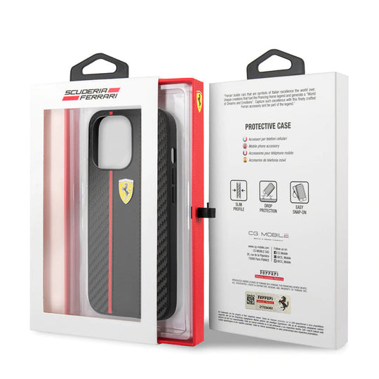 Ferrari Black Pu Leather Carbon Effect & Central Smooth Stripe Back Case with Metal Logo for iPhone 13 Pro Max - Premium Cases