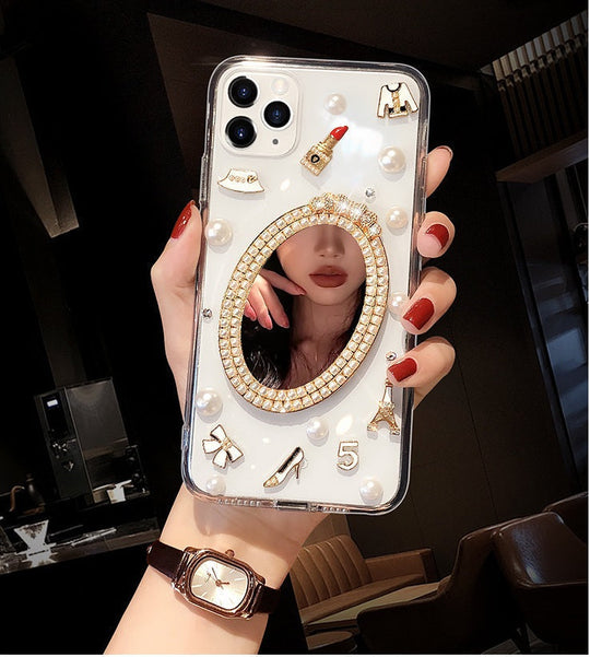 Luxury Transparent 3D Pearl Bow Plating Makeup Mirror Girlish Phone Case for Apple iPhone 13 Pro