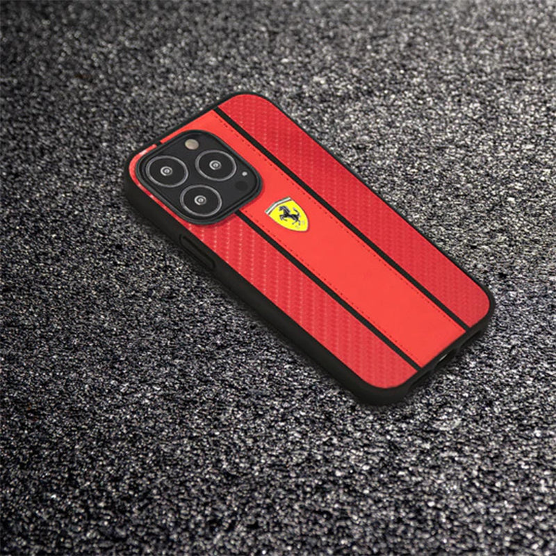 Ferrari Red Pu Leather Carbon Effect & Central Smooth Stripe Back Case with Metal Logo for iPhone 13 Pro Max - Premium Cases