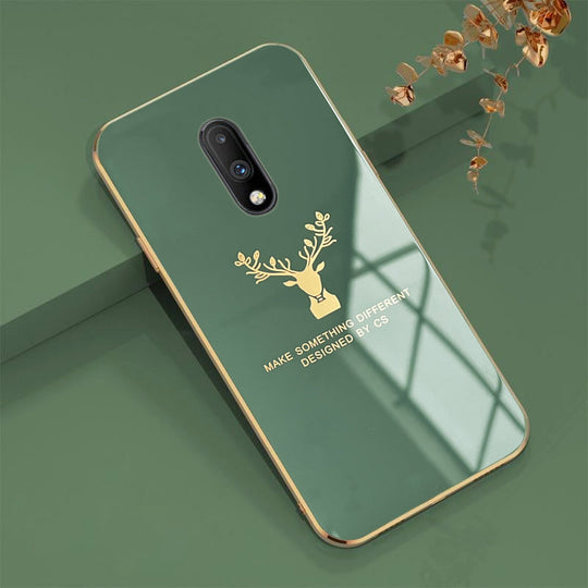 Deer Luxurious Gold Edge Glass Back Case For Oneplus 7
