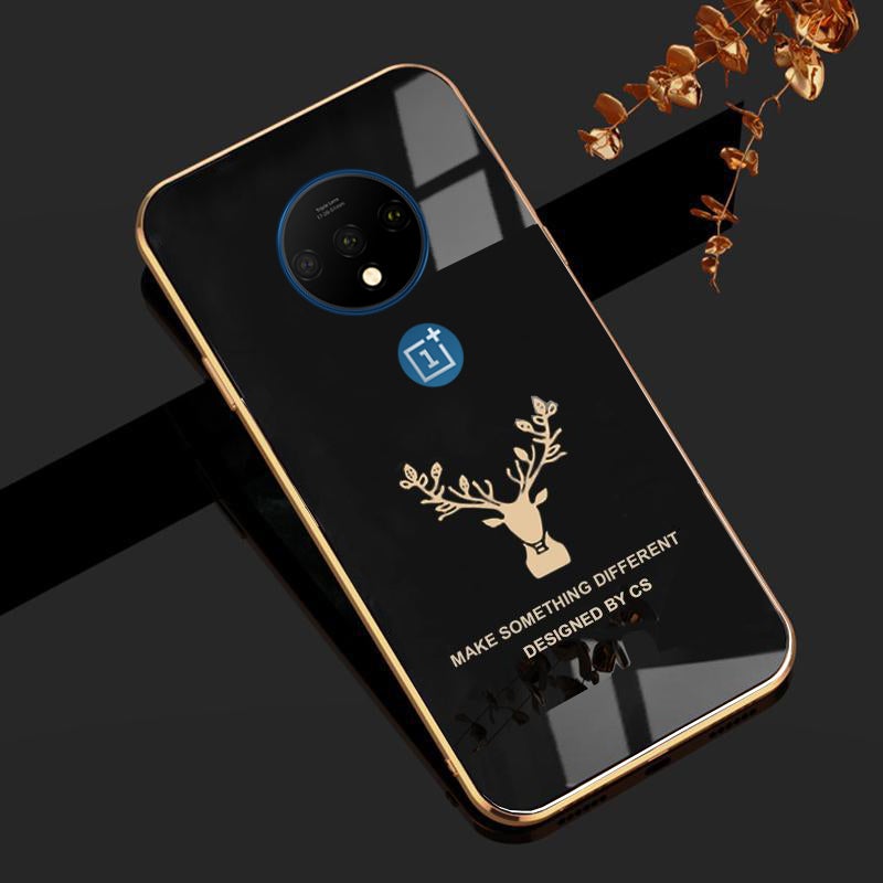 Deer Luxurious Gold Edge Glass Back Case For Oneplus 7T - planetcartonline