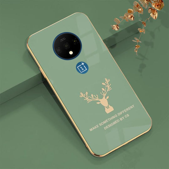 Deer Luxurious Gold Edge Glass Back Case For Oneplus 7T - planetcartonline