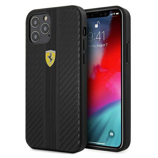 Ferrari Black Pu Leather Carbon Effect & Central Smooth Stripe Back Case with Metal Logo for iPhone 13 Pro Max