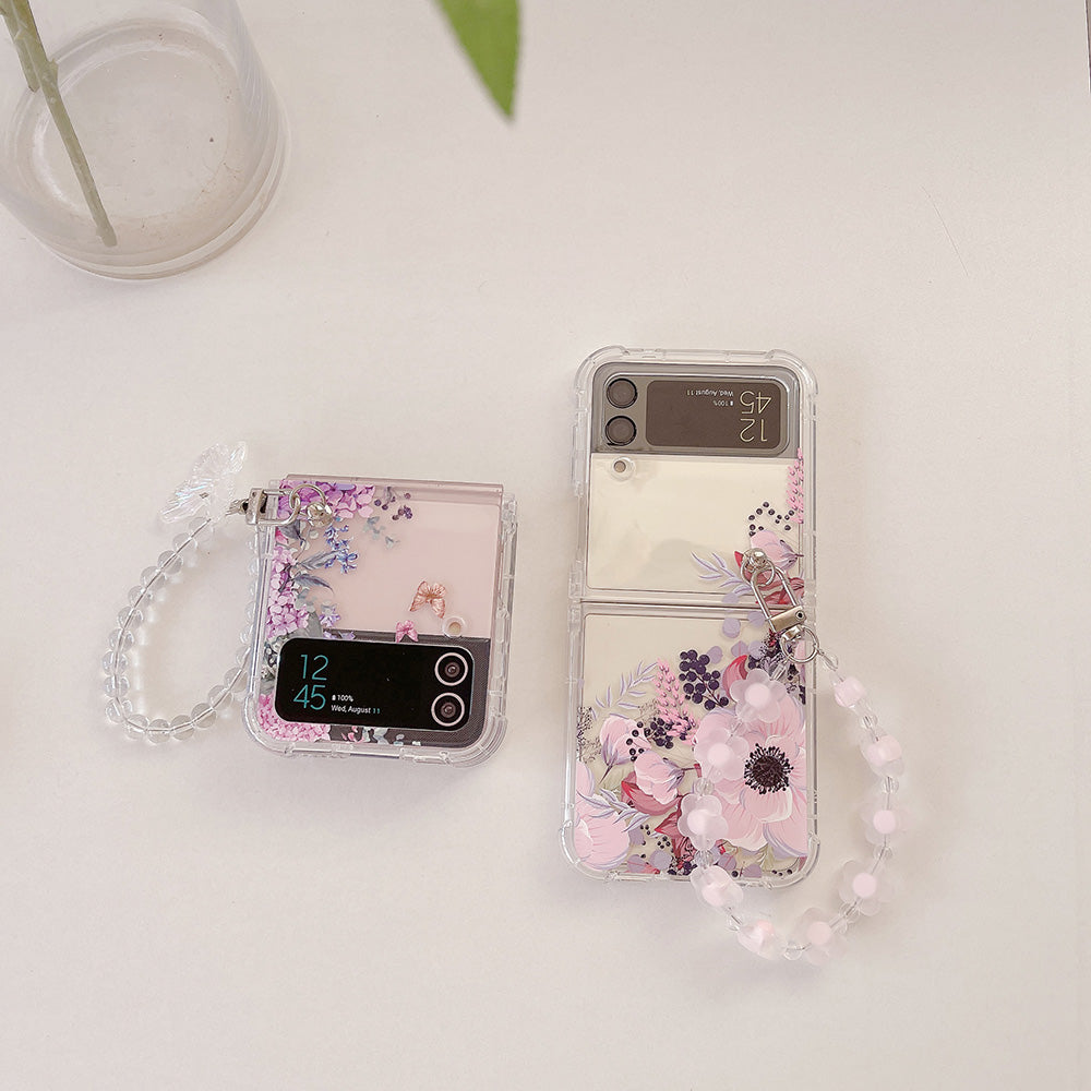 Luxury Floral Print Pattern with Bracelet Clear Phone Case for Samsung Galaxy Z Flip 3