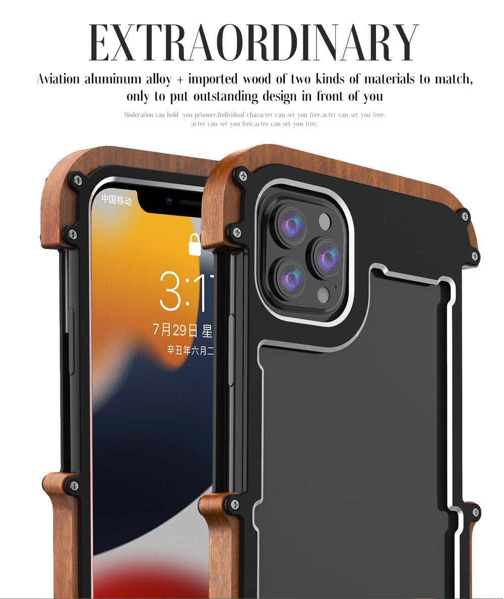 Ironwood Metal and Wooden Armor Bumper Case for iPhone 14 Pro Max