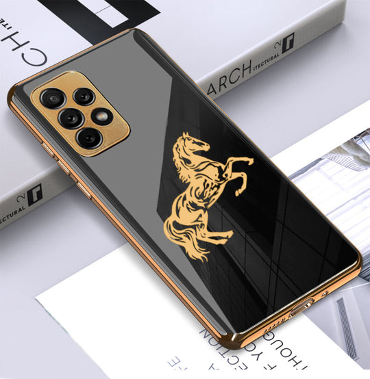 Premium Horse Pattern Glass Back Case With Golden Edges For Samsung A52s