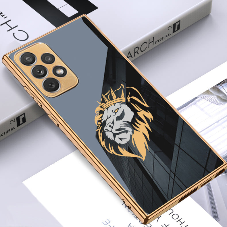 Luxury Premium Glass Lion Back Case With Golden Edges For Samsung A73