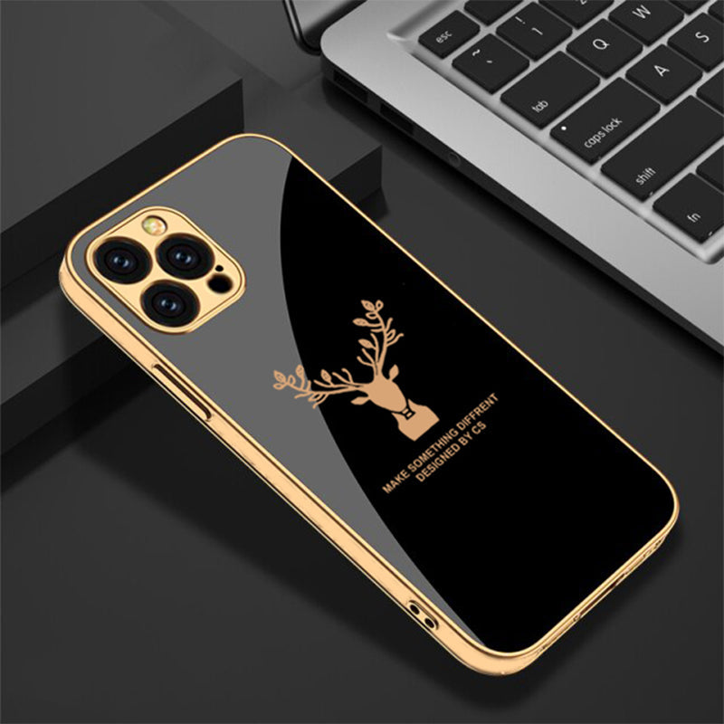 Luxury Golden Edges Deer Glass Back Case For iPhone 13 Pro