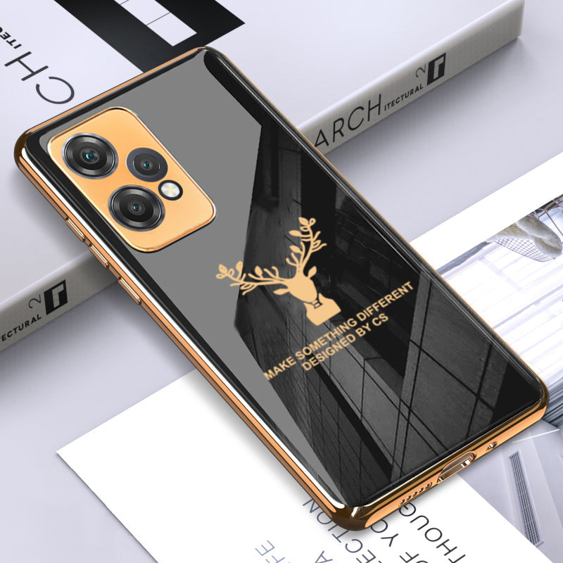 Premium Luxury Deer Pattern Electroplated Glass Back Case With Golden Edges For OnePlus Nord Ce 2 Lite