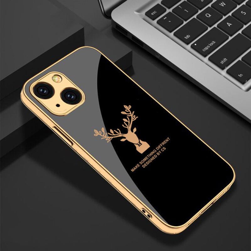 Luxury Golden Edges Deer Glass Back Case For iPhone 13 - Premium Cases
