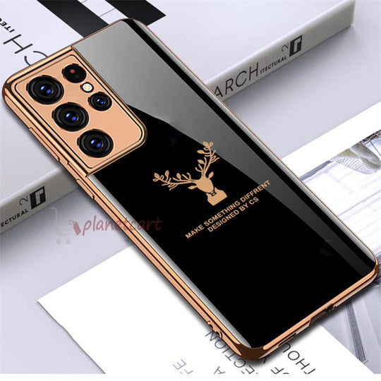 Luxury Golden Edges Deer Pattern Glass Back Case For Samsung Galaxy S21 Ultra - Premium Cases