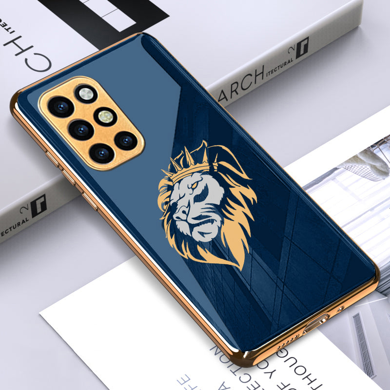Luxury Premium Glass Lion Back Case With Golden Edges For Oneplus 9R