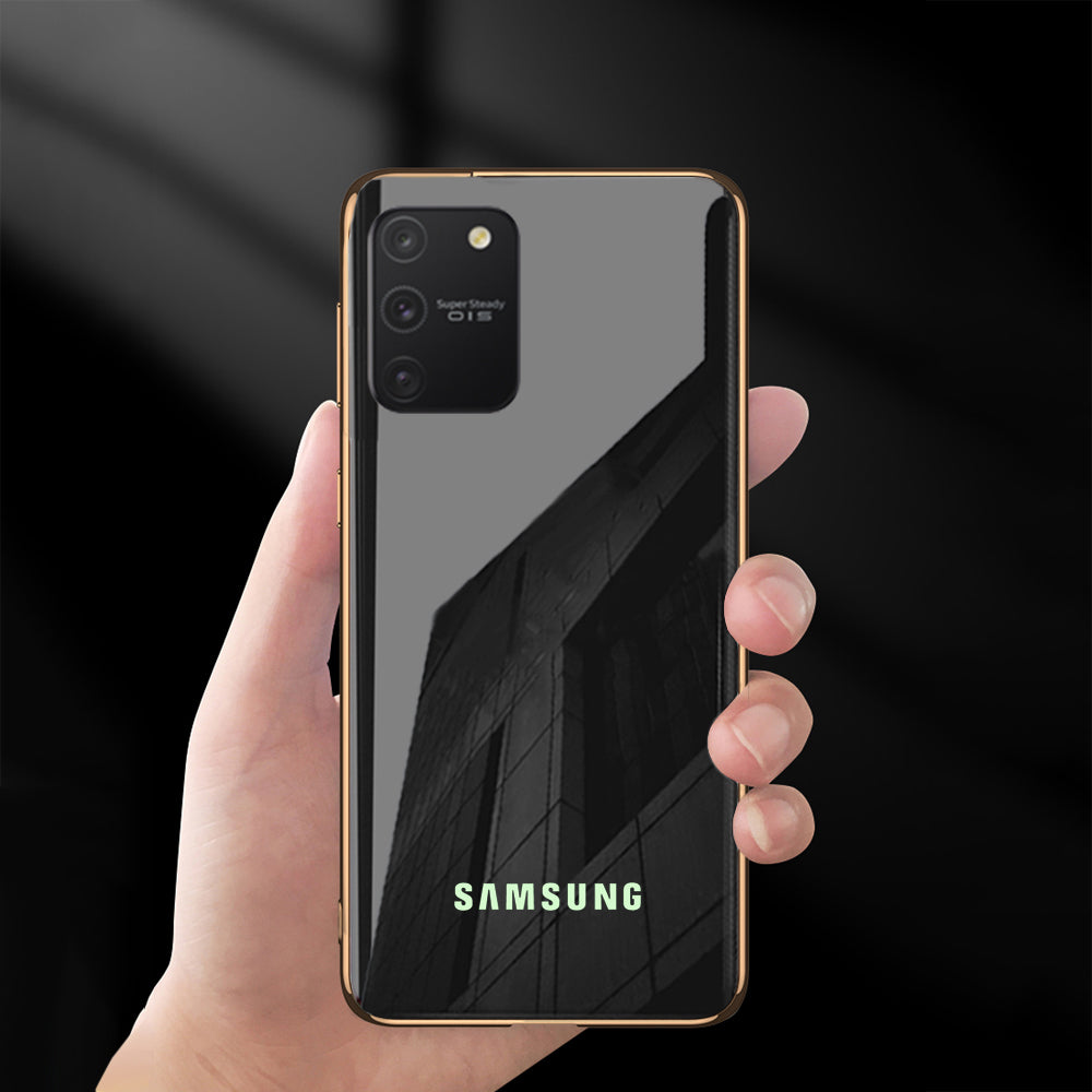Radium Logo Glossy Glass Back Case With Golden Edges For Samsung S10 Lite