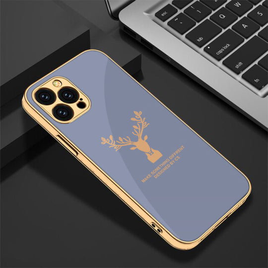 Luxury Golden Edges Deer Glass Back Case For iPhone 13 Pro - Premium Cases