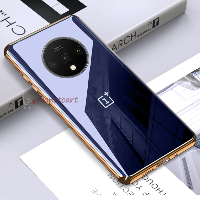 Luxury Glossy Gold Edge Glass Back Case For Oneplus 7T
