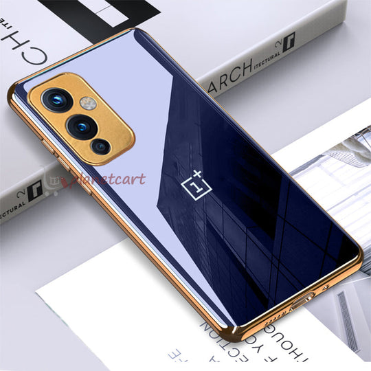 Premium Glossy Gold Edge Glass Back Case For Oneplus 9