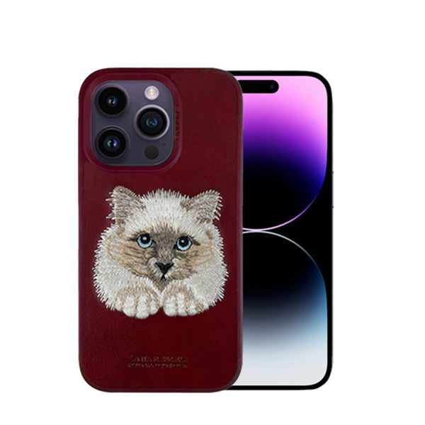 Santa Barbara Savana Series Cat Embroidery Genuine Leather Case For iPhone 14