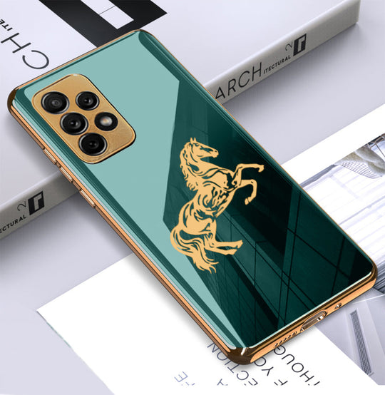 Premium Horse Pattern Glass Back Case With Golden Edges For Samsung A52
