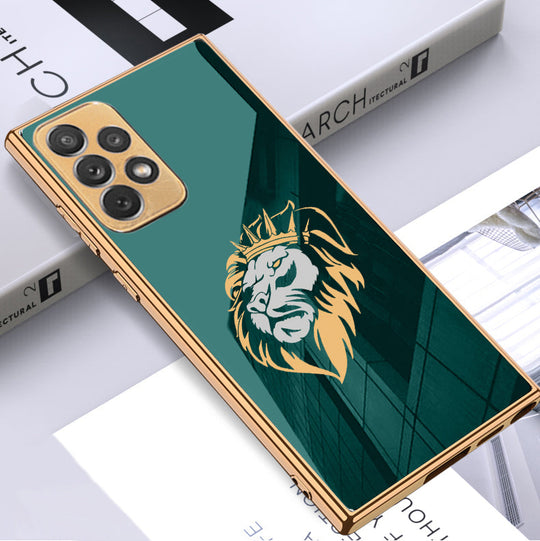 Luxury Premium Glass Lion Back Case With Golden Edges For Samsung A73