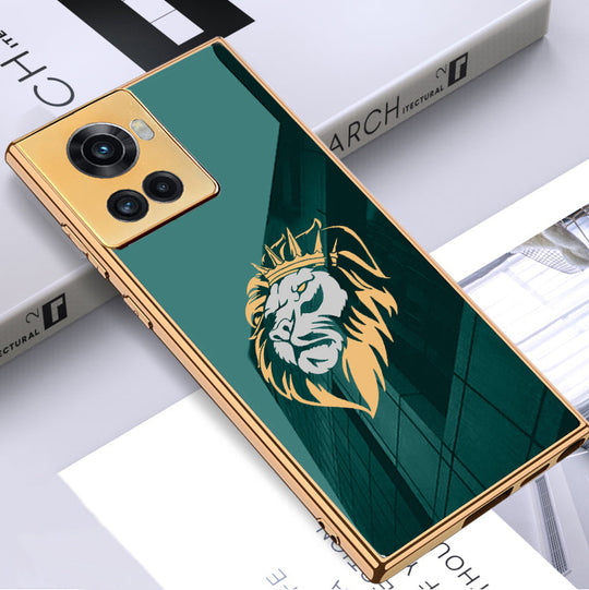 Luxury Premium Glass Lion Back Case With Golden Edges For Oneplus 10R