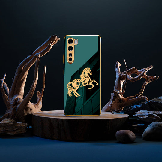 Luxury Horse Pattern Glass Back Case With Golden Edges For Oneplus Nord