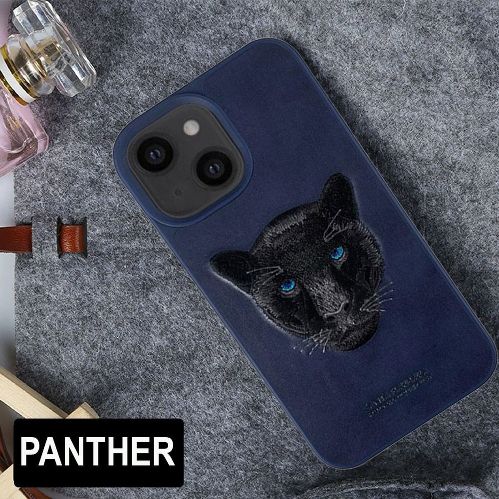 Santa Barbara Savana Series Black Panther Emboidery Genuine Leather Case For iPhone 13 - planetcartonline