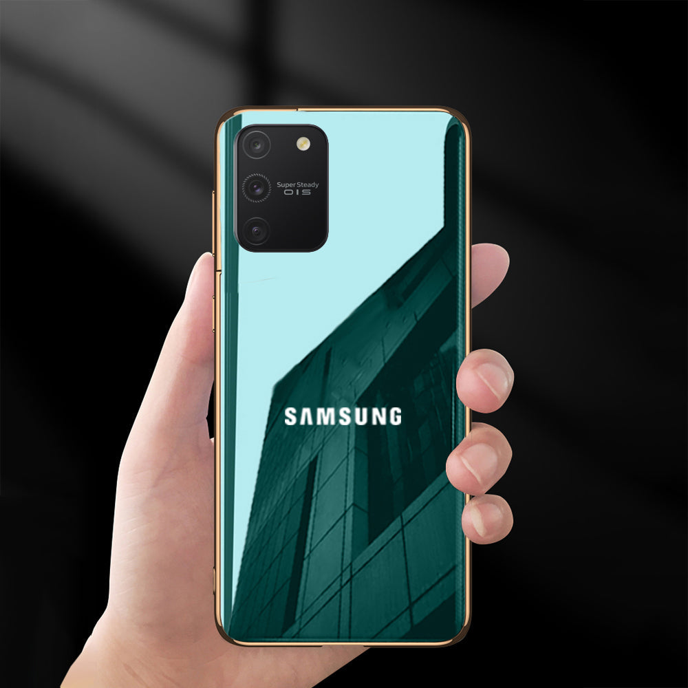 Radium Logo Glossy Glass Back Case With Golden Edges For Samsung S10 Lite