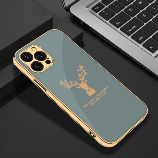 Luxury Golden Edges Deer Glass Back Case For iPhone 13 Pro Max - Premium Cases